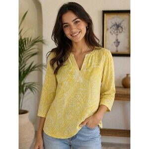 (W3) Chico’s Linen Paisley Popover Blouse Women’s Sz M,Sequins Boho Lightweight